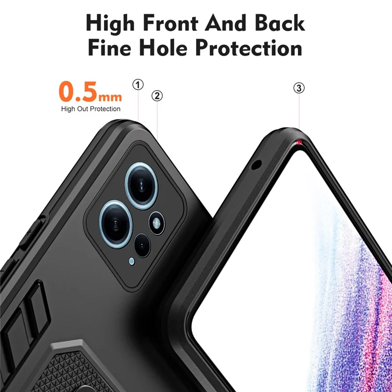 For Xiaomi Redmi Note 12 4G TPU+PC Phone Cover Hidden Kickstand Case with Soft Ring Strap - Black