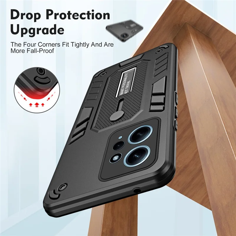 For Xiaomi Redmi Note 12 4G TPU+PC Phone Cover Hidden Kickstand Case with Soft Ring Strap - Black