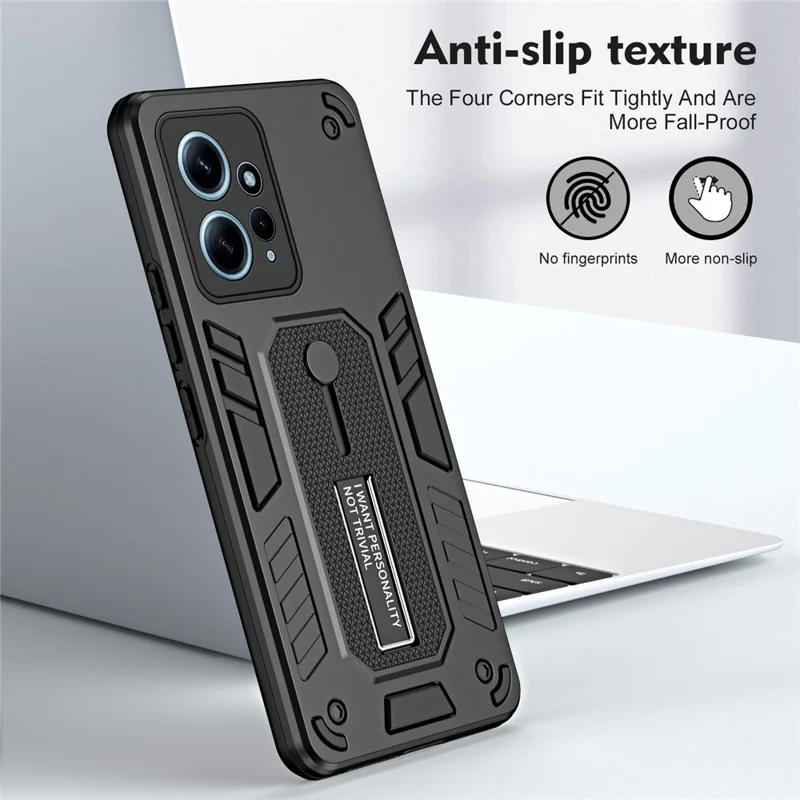 For Xiaomi Redmi Note 12 4G TPU+PC Phone Cover Hidden Kickstand Case with Soft Ring Strap - Black