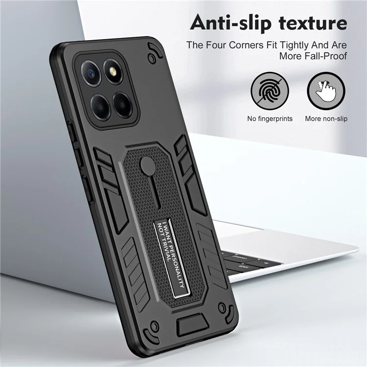 For Honor X8 5G / X6 4G / X6s 4G Silicone Ring Strap Phone Case TPU+PC Back Cover with Hidden Kickstand - Noir