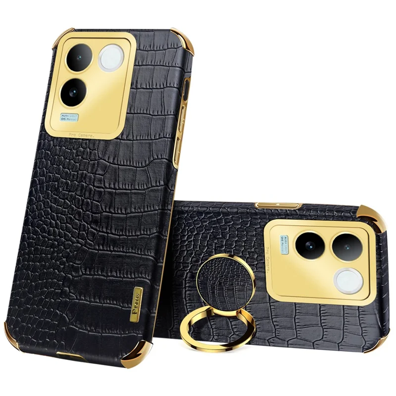 Pour vivo S17e 5G Crocodile Texture Phone Case 6D Electroplated Kickstand PU Leather + TPU Cover - Noir