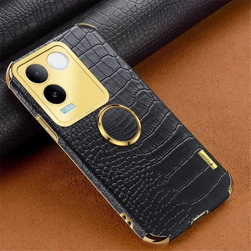 Pour vivo S17e 5G Crocodile Texture Phone Case 6D Electroplated Kickstand PU Leather + TPU Cover - Noir