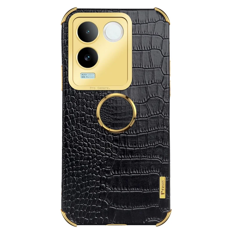 Pour vivo S17e 5G Crocodile Texture Phone Case 6D Electroplated Kickstand PU Leather + TPU Cover - Noir