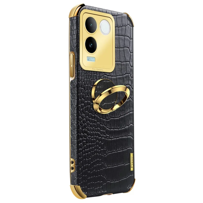 Pour vivo S17e 5G Crocodile Texture Phone Case 6D Electroplated Kickstand PU Leather + TPU Cover - Noir