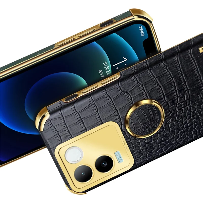 Pour vivo S17e 5G Crocodile Texture Phone Case 6D Electroplated Kickstand PU Leather + TPU Cover - Noir