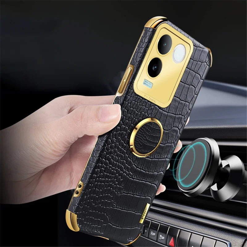 Pour vivo S17e 5G Crocodile Texture Phone Case 6D Electroplated Kickstand PU Leather + TPU Cover - Noir