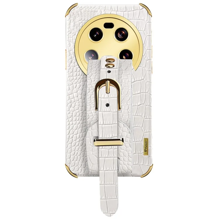 Для Xiaomi 13 Ultra Electroplating Phone Case PU Leather Coated TPU Cover with Wristband Kickstand - White
