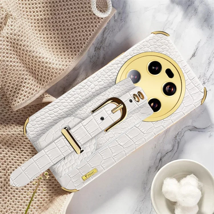 Для Xiaomi 13 Ultra Electroplating Phone Case PU Leather Coated TPU Cover with Wristband Kickstand - White