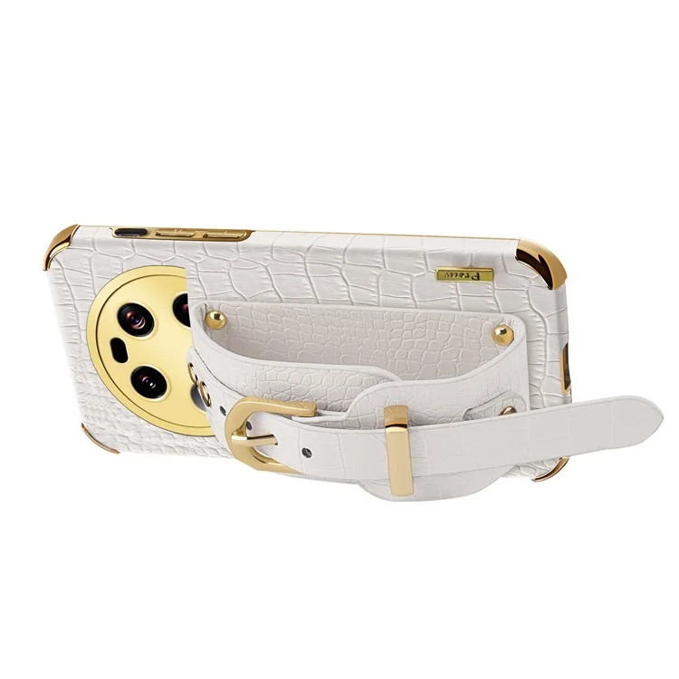 Для Xiaomi 13 Ultra Electroplating Phone Case PU Leather Coated TPU Cover with Wristband Kickstand - White