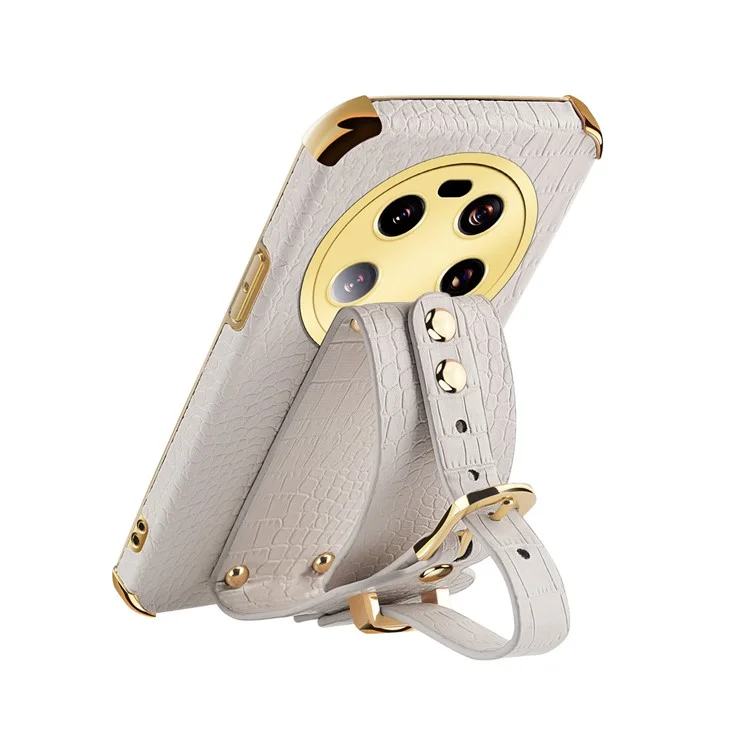 Для Xiaomi 13 Ultra Electroplating Phone Case PU Leather Coated TPU Cover with Wristband Kickstand - White