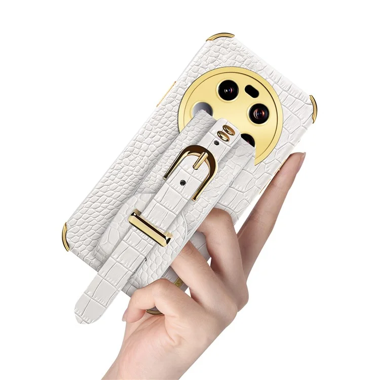 Для Xiaomi 13 Ultra Electroplating Phone Case PU Leather Coated TPU Cover with Wristband Kickstand - White