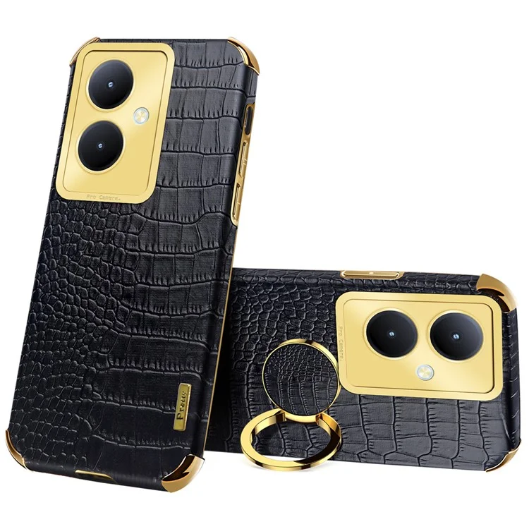 Para vivo Y78+ 5G Leather Coated TPU Phone Case Crocodile Texture Protective Cover with Ring Kickstand - Black