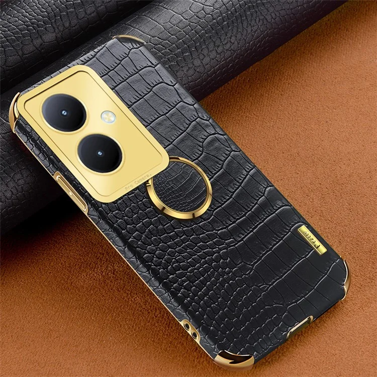 Para vivo Y78+ 5G Leather Coated TPU Phone Case Crocodile Texture Protective Cover with Ring Kickstand - Black