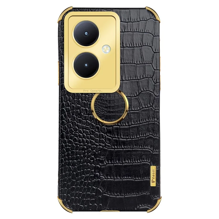 Para vivo Y78+ 5G Leather Coated TPU Phone Case Crocodile Texture Protective Cover with Ring Kickstand - Black