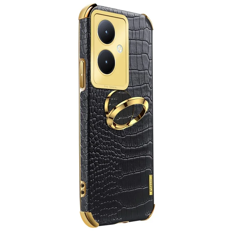 Para vivo Y78+ 5G Leather Coated TPU Phone Case Crocodile Texture Protective Cover with Ring Kickstand - Black