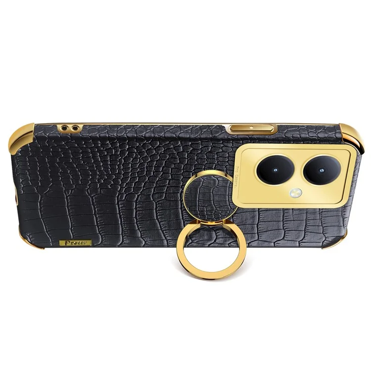 Para vivo Y78+ 5G Leather Coated TPU Phone Case Crocodile Texture Protective Cover with Ring Kickstand - Black