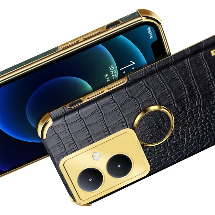 Para vivo Y78+ 5G Leather Coated TPU Phone Case Crocodile Texture Protective Cover with Ring Kickstand - Black