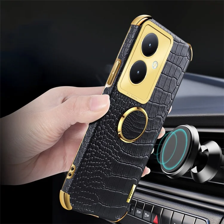 Para vivo Y78+ 5G Leather Coated TPU Phone Case Crocodile Texture Protective Cover with Ring Kickstand - Black