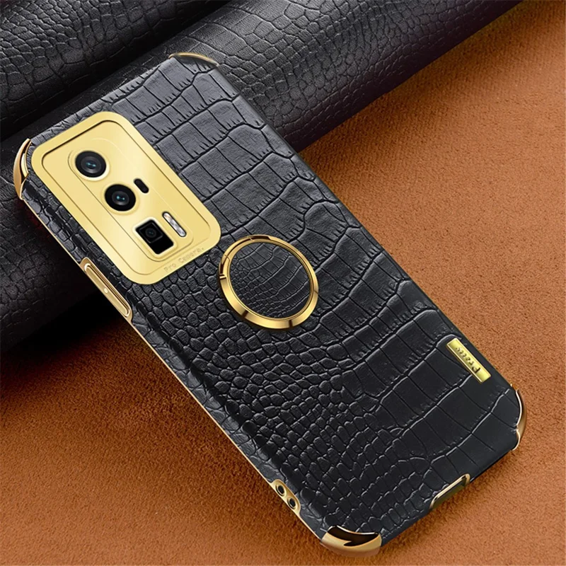 Per Xiaomi Poco F5 Pro 5G / Redmi K60 5G / K60 Pro 5G Ring Kickstand Phone Case Crocodile Texture Leather Coated TPU Back Cover - Nero