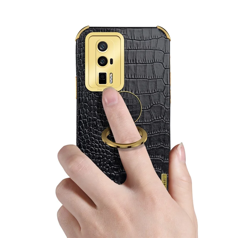 Per Xiaomi Poco F5 Pro 5G / Redmi K60 5G / K60 Pro 5G Ring Kickstand Phone Case Crocodile Texture Leather Coated TPU Back Cover - Nero