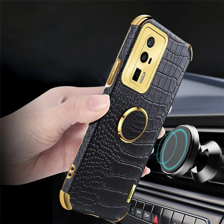 Per Xiaomi Poco F5 Pro 5G / Redmi K60 5G / K60 Pro 5G Ring Kickstand Phone Case Crocodile Texture Leather Coated TPU Back Cover - Nero