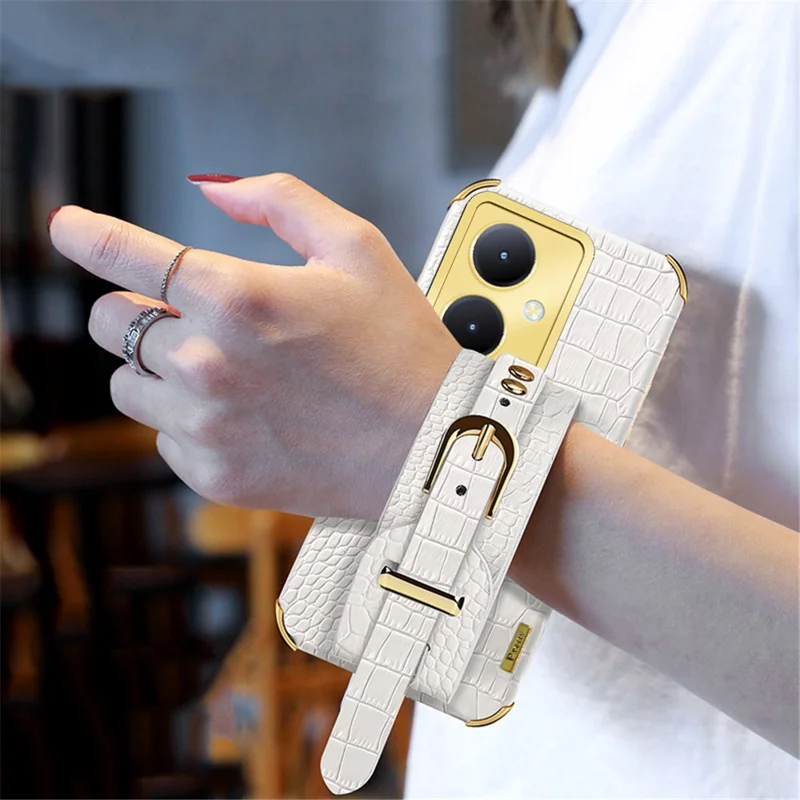 For vivo Y78+ 5G Wristband Kickstand PU Leather Coated TPU Case Electroplating Phone Cover - White