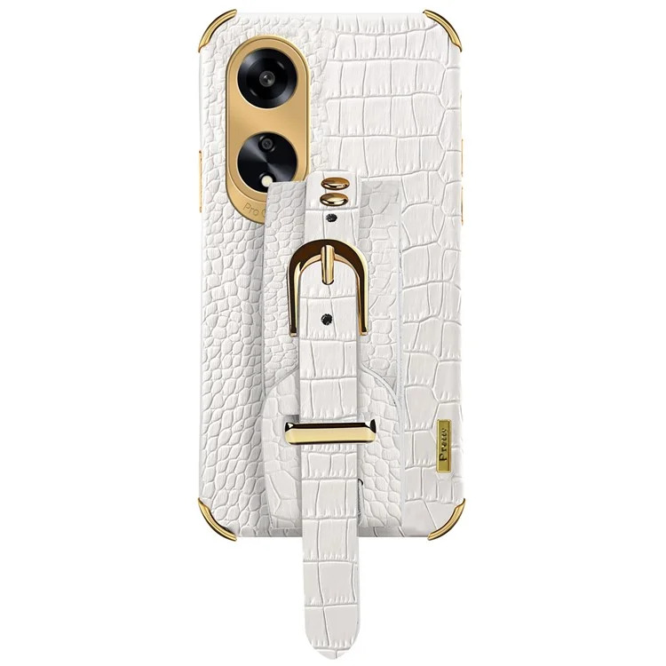 Для Oppo A1 5G Электроплатированный чехол для телефона Wristband Kickstand Leather Coated TPU Phone Cover - Белый