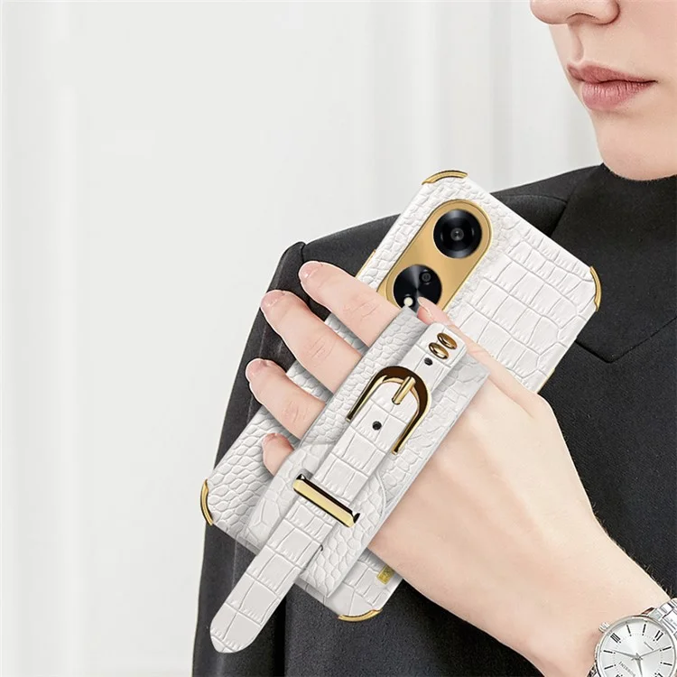 Для Oppo A1 5G Электроплатированный чехол для телефона Wristband Kickstand Leather Coated TPU Phone Cover - Белый