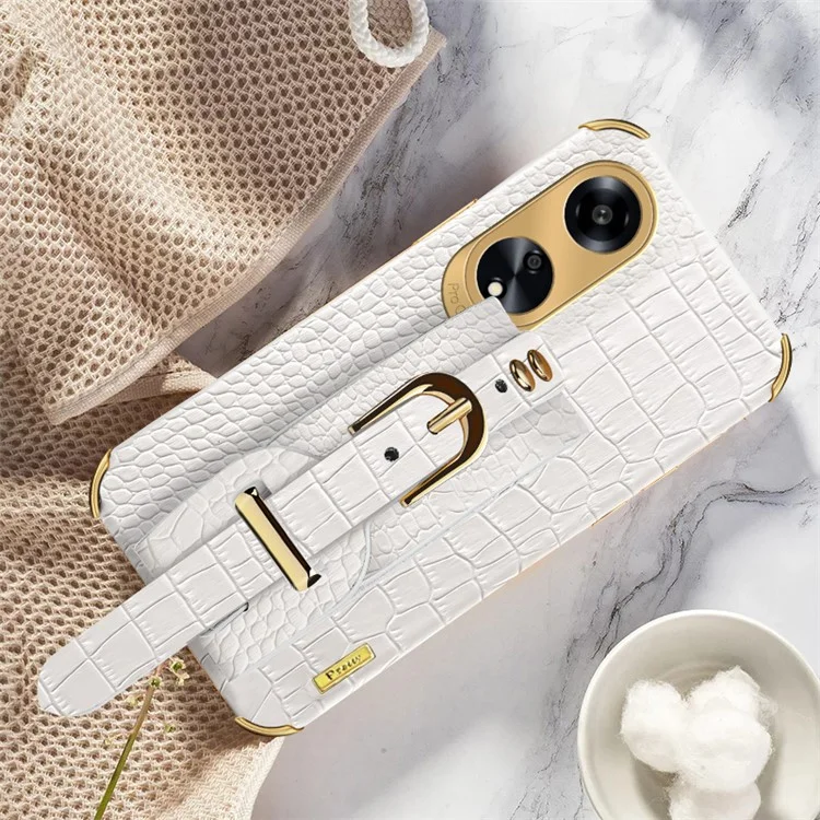 Для Oppo A1 5G Электроплатированный чехол для телефона Wristband Kickstand Leather Coated TPU Phone Cover - Белый