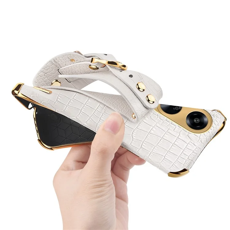 Для Oppo A1 5G Электроплатированный чехол для телефона Wristband Kickstand Leather Coated TPU Phone Cover - Белый
