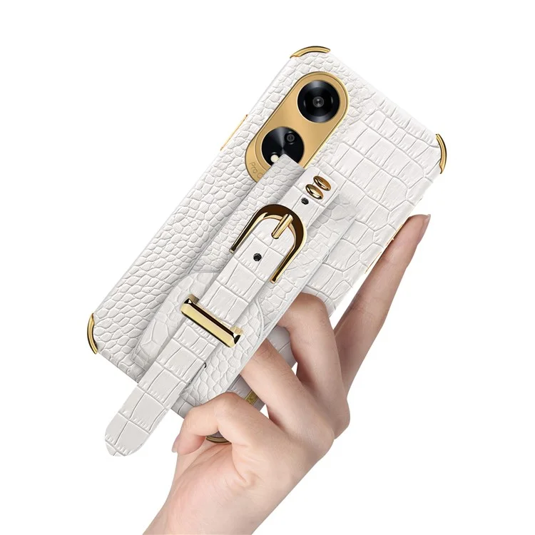Для Oppo A1 5G Электроплатированный чехол для телефона Wristband Kickstand Leather Coated TPU Phone Cover - Белый