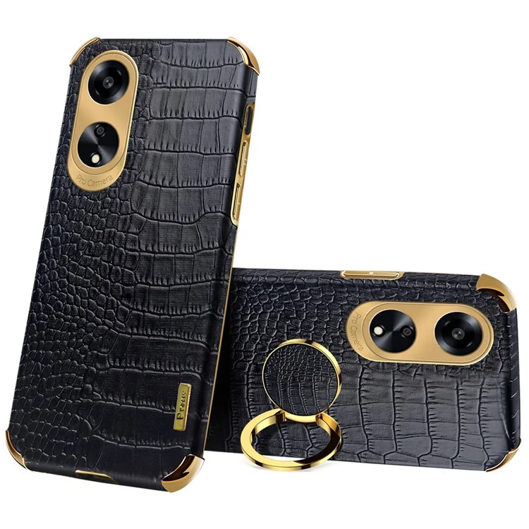 Ring Kickstand Phone Case for Oppo A1 5G Crocodile Texture Leather Coated TPU 6D Electroplating Cover - Black