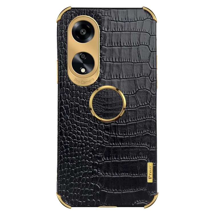 Ring Kickstand Phone Case for Oppo A1 5G Crocodile Texture Leather Coated TPU 6D Electroplating Cover - Black