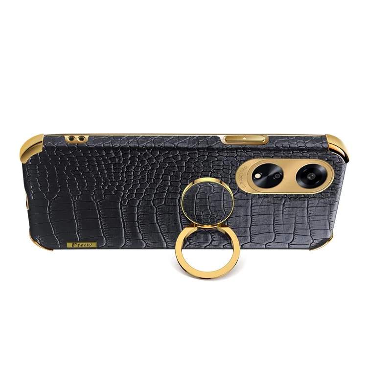 Ring Kickstand Phone Case for Oppo A1 5G Crocodile Texture Leather Coated TPU 6D Electroplating Cover - Black