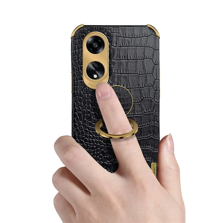 Ring Kickstand Phone Case for Oppo A1 5G Crocodile Texture Leather Coated TPU 6D Electroplating Cover - Black