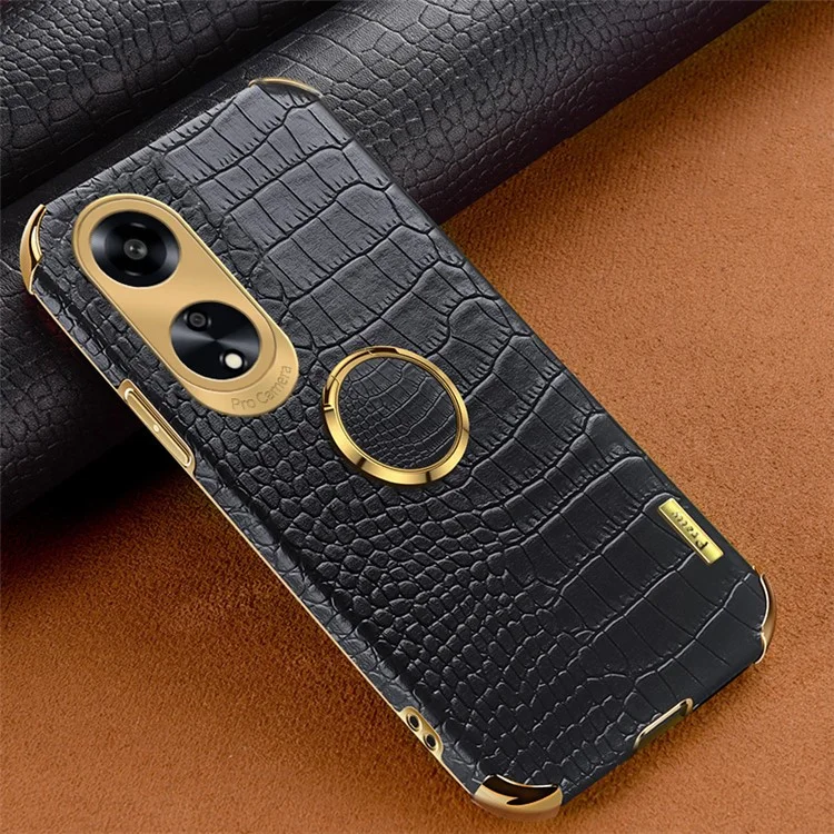 Ring Kickstand Phone Case for Oppo A1 5G Crocodile Texture Leather Coated TPU 6D Electroplating Cover - Black