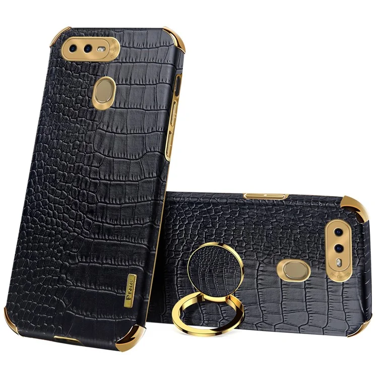 Für Oppo A7 Crocodile Texture Kickstand Phone Case 6D Electroplated PU Leather + TPU Anti-drop Cover - Schwarz