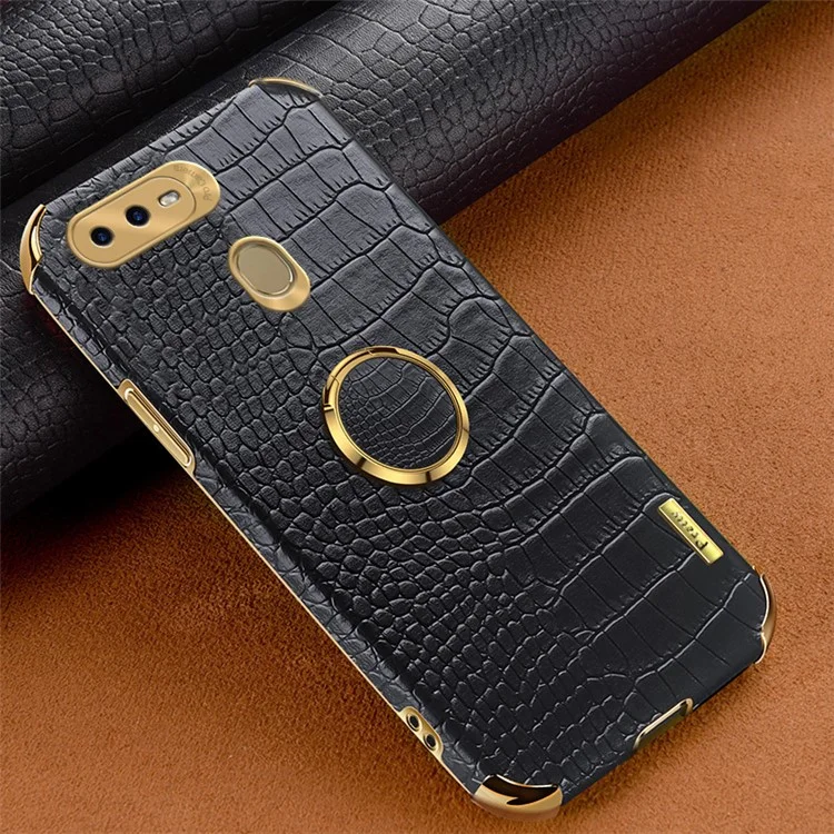 Für Oppo A7 Crocodile Texture Kickstand Phone Case 6D Electroplated PU Leather + TPU Anti-drop Cover - Schwarz