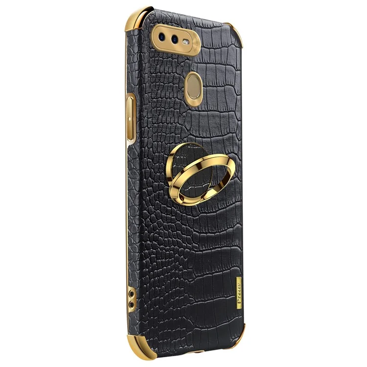 Für Oppo A7 Crocodile Texture Kickstand Phone Case 6D Electroplated PU Leather + TPU Anti-drop Cover - Schwarz