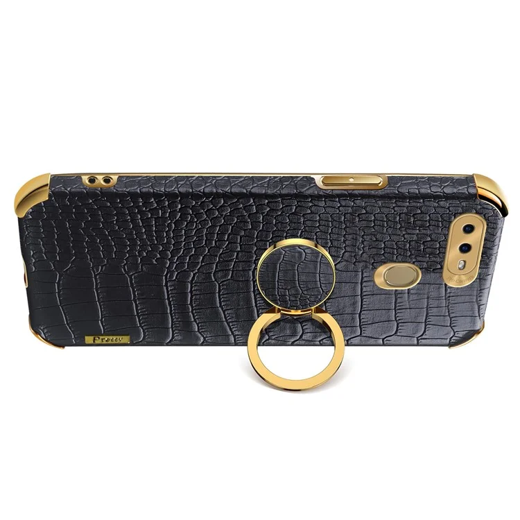 Für Oppo A7 Crocodile Texture Kickstand Phone Case 6D Electroplated PU Leather + TPU Anti-drop Cover - Schwarz