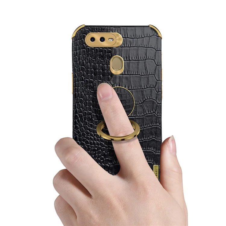 Für Oppo A7 Crocodile Texture Kickstand Phone Case 6D Electroplated PU Leather + TPU Anti-drop Cover - Schwarz