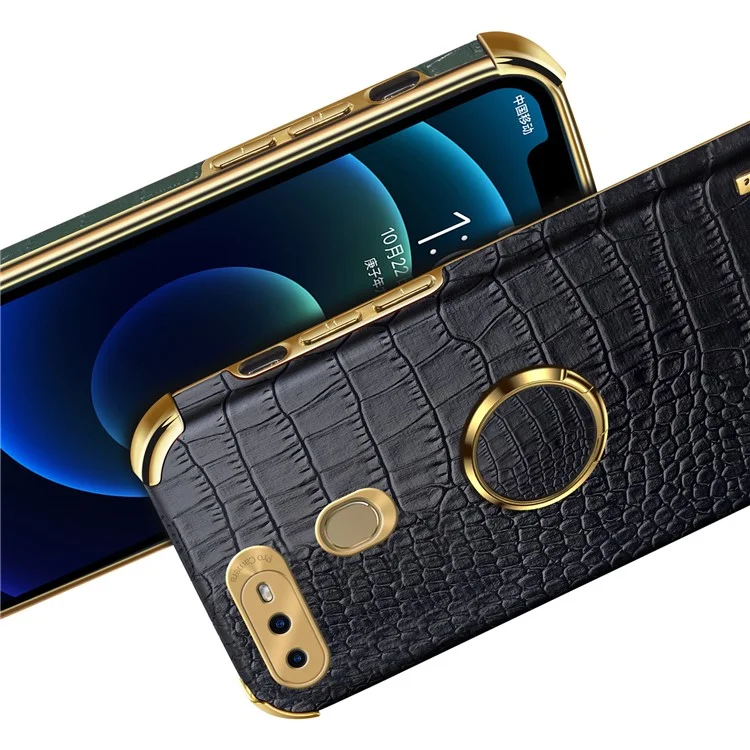 Für Oppo A7 Crocodile Texture Kickstand Phone Case 6D Electroplated PU Leather + TPU Anti-drop Cover - Schwarz