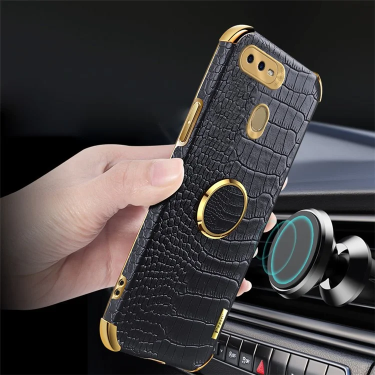 Für Oppo A7 Crocodile Texture Kickstand Phone Case 6D Electroplated PU Leather + TPU Anti-drop Cover - Schwarz