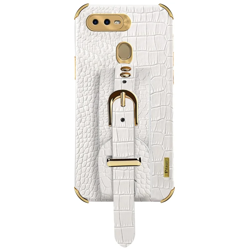 Wristband Kickstand Phone Case für Oppo A7, Krokodilleder-Textur Elektroplattierung Lederbeschichtetes TPU-Cover - Weiß
