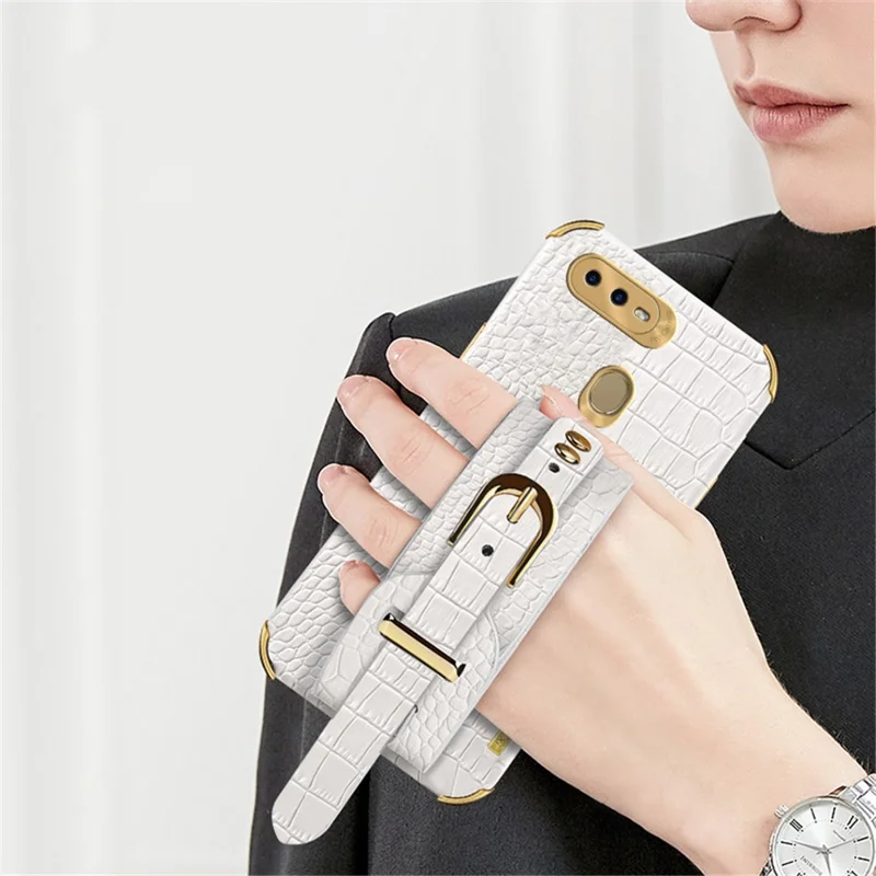 Wristband Kickstand Phone Case für Oppo A7, Krokodilleder-Textur Elektroplattierung Lederbeschichtetes TPU-Cover - Weiß
