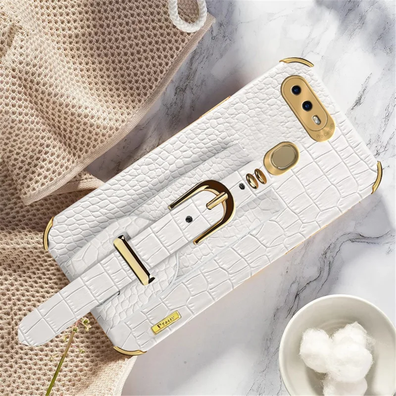 Wristband Kickstand Phone Case für Oppo A7, Krokodilleder-Textur Elektroplattierung Lederbeschichtetes TPU-Cover - Weiß