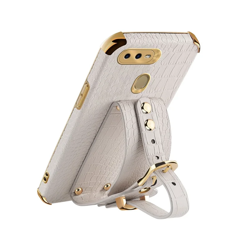 Wristband Kickstand Phone Case für Oppo A7, Krokodilleder-Textur Elektroplattierung Lederbeschichtetes TPU-Cover - Weiß