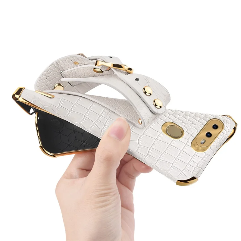 Wristband Kickstand Phone Case für Oppo A7, Krokodilleder-Textur Elektroplattierung Lederbeschichtetes TPU-Cover - Weiß