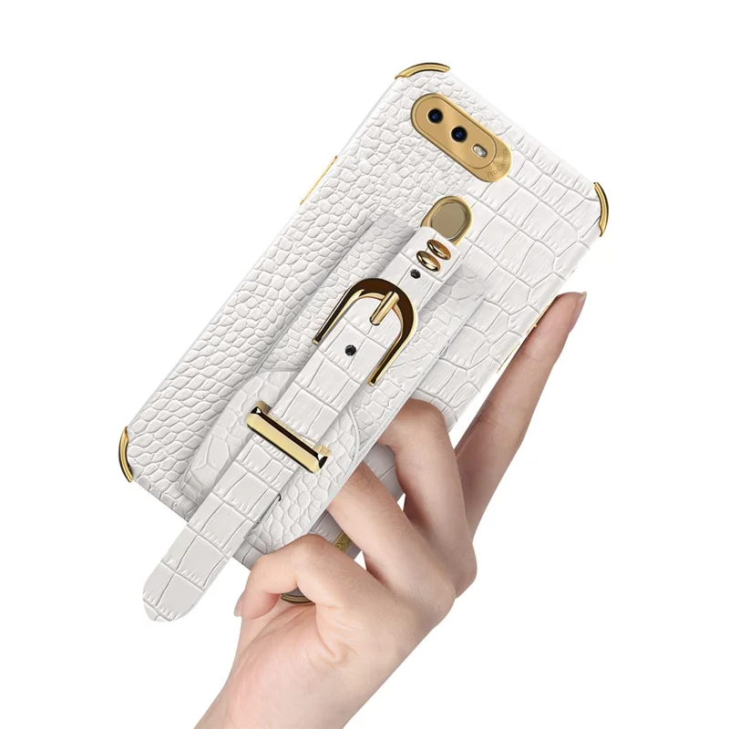 Wristband Kickstand Phone Case für Oppo A7, Krokodilleder-Textur Elektroplattierung Lederbeschichtetes TPU-Cover - Weiß