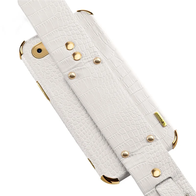 Wristband Kickstand Phone Case für Oppo A7, Krokodilleder-Textur Elektroplattierung Lederbeschichtetes TPU-Cover - Weiß